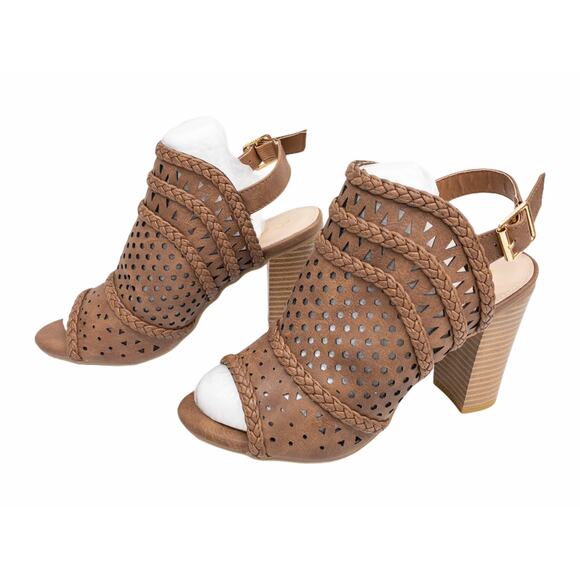 Brown Perforated Braided Peep Toe Block Heel Western Singback Sandals 7.5 - Picture 4 of 12